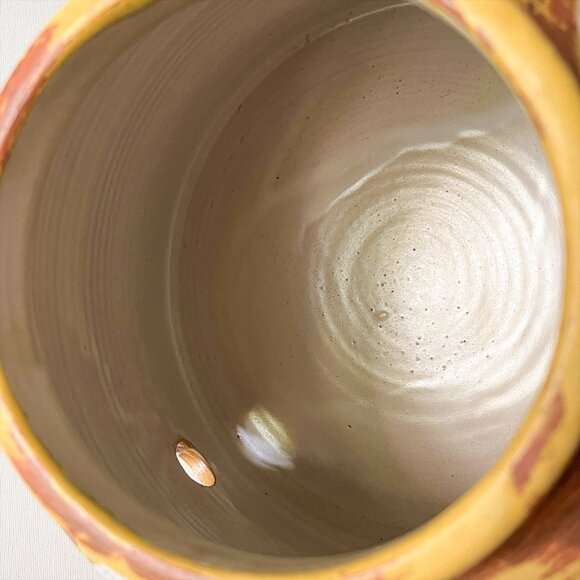 Handmade Art Pottery Ceramic Water Dispenser Crock White Floral on Yellow Signed - Picture 8 of 16